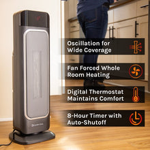 Load image into Gallery viewer, 1,500-Watt Oscillating Digital Tower Heater with Full Function Remote, Adjustable Thermostat, and Overheat Protection, Black
