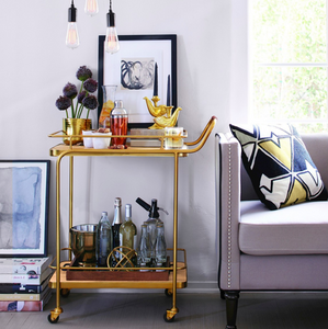 Metal, Wood, and Leather Bar Cart - Gold #9605
