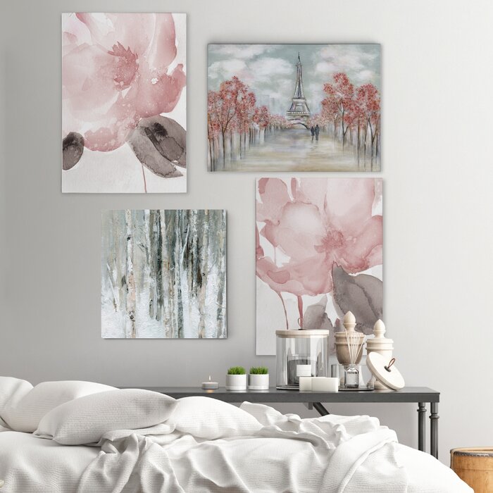 'Contemporary Pink' 4 Piece Painting Print Set on Canvas AP371