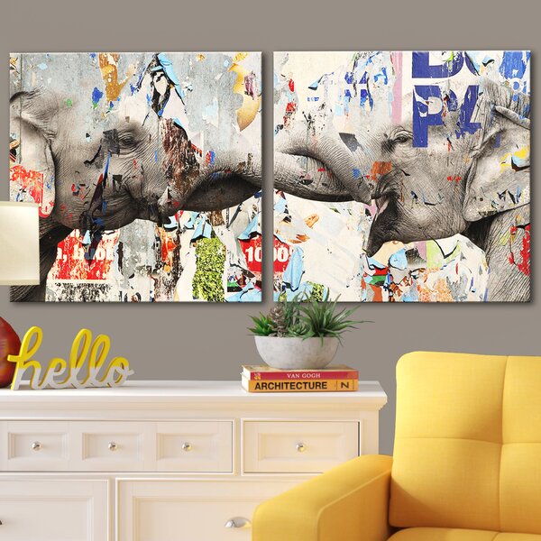 'Saddle Ink Elephant VI' - 2 Piece Wrapped Canvas Print Set(2482RR)