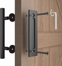 Load image into Gallery viewer, (2 Pack) Haritoft 12&quot; Sliding Barn Door Handle Pull and Flush Hardware Set, Flat Back-Plate Design, Rustic Black
