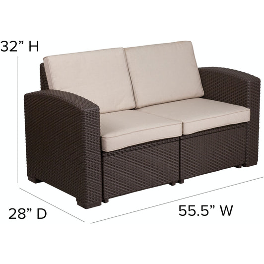 Chocolate Brown Faux Rattan Loveseat with AllWeather Beige Cushions
