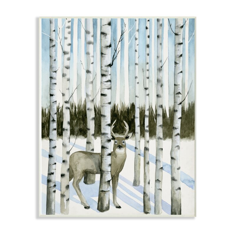 'Deer In Snow and Birch Trees' Watercolor Painting Print 2198CDR/GL