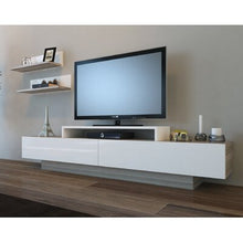 Load image into Gallery viewer, Pritts TV Stand for TVs up to 78" White/Gray Wash 983CDR