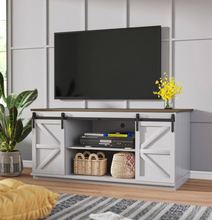 Load image into Gallery viewer, 58 in. White Barn Door TV Stand for TVs up to 65 in.