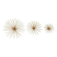 Load image into Gallery viewer, Set of 3 contemporary 6, 9, and 11 inch Gold Tin Starburst Sculptures #AD140
