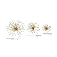 Load image into Gallery viewer, Set of 3 contemporary 6, 9, and 11 inch Gold Tin Starburst Sculptures #AD140
