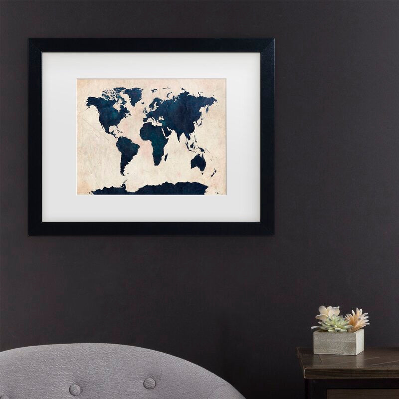 'World Map' Framed Graphic Art Print on Canvas *AS IS  #172HW