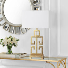 Load image into Gallery viewer, Safavieh Greek Key 1-Light Table Lamp in Antique Gold with Cotton Shade (Set of 2) 437CDR