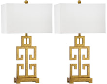 Load image into Gallery viewer, Safavieh Greek Key 1-Light Table Lamp in Antique Gold with Cotton Shade (Set of 2) 437CDR