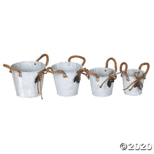 Load image into Gallery viewer, (2) Sets of Four Tin Buckets with Burlap Handles #9451
