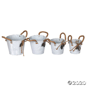 (2) Sets of Four Tin Buckets with Burlap Handles #9451
