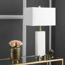 Load image into Gallery viewer, Sloane Alabaster 30 in. White/Brass Gold Table Lamp with Off-White Shade (SB321)