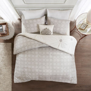 4 Piece Embroidered Cotton Reversible Duvet Cover Set with Throw Pillow, King