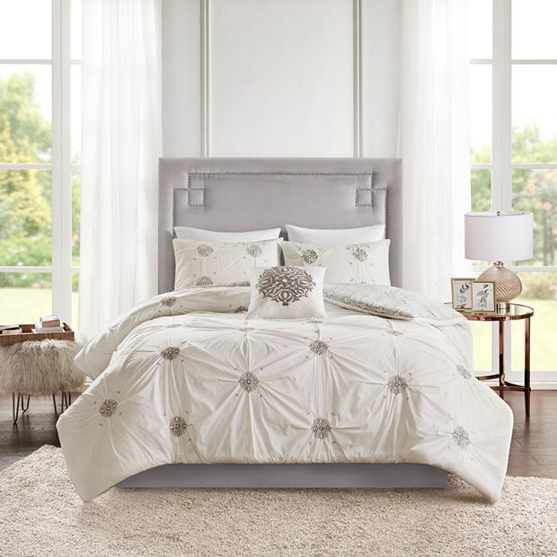 4 Piece Embroidered Cotton Reversible Duvet Cover Set with Throw Pillow, King
