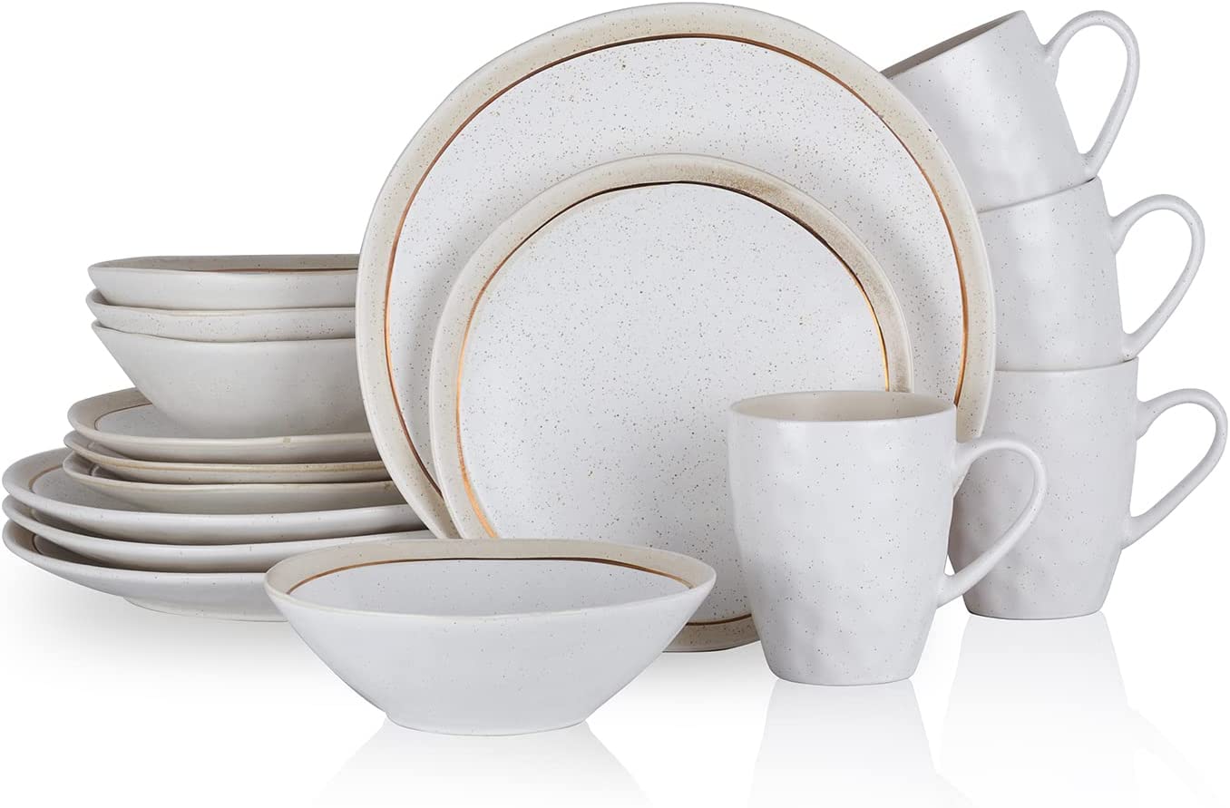 16-Piece Round Dinnerware Set, White, White Speckle, Service For 4 (Porcelain Dinnerware Set)