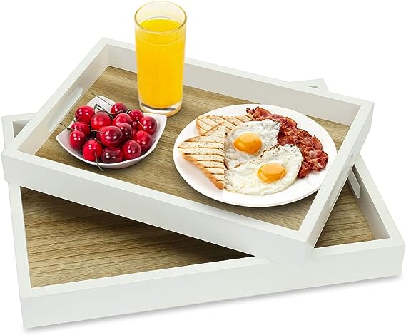 Decorative Natural Solid Wood Serving Tray Set with Handles, Nesting Breakfast Coffee Table and Ottoman Storage Tray, Set of 2