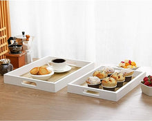 Load image into Gallery viewer, Decorative Natural Solid Wood Serving Tray Set with Handles, Nesting Breakfast Coffee Table and Ottoman Storage Tray, Set of 2
