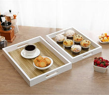 Load image into Gallery viewer, Decorative Natural Solid Wood Serving Tray Set with Handles, Nesting Breakfast Coffee Table and Ottoman Storage Tray, Set of 2
