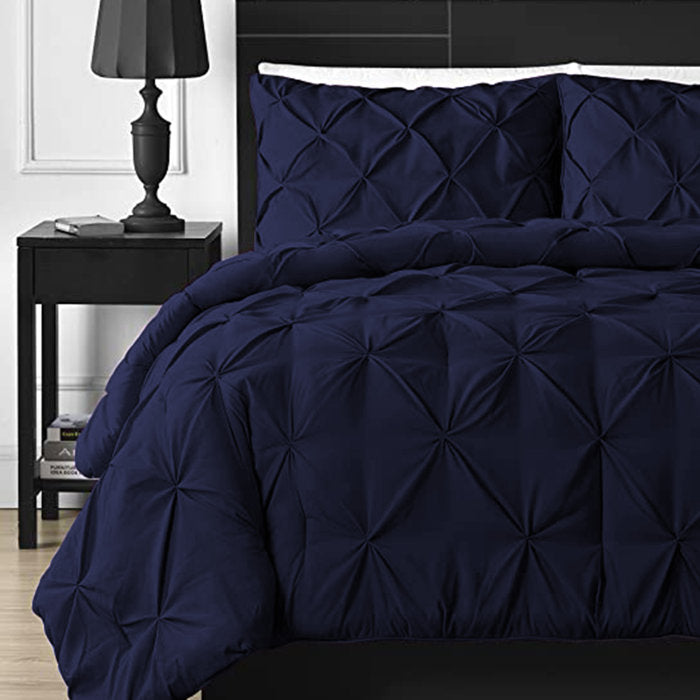 King Comforter + 2 Shams Navy Blue Fredda Pinch Pleat Comforter Set