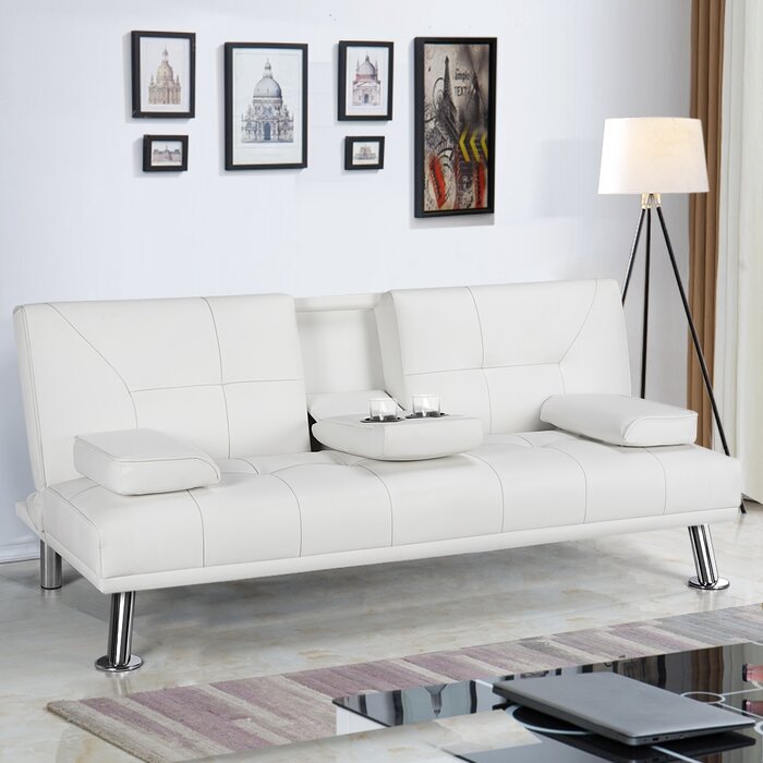 Janni Faux Leather Cushion Back Convertible Sofa with Cup Holder