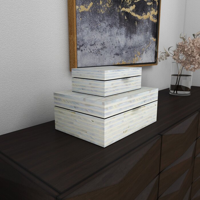 Distressed White Keifer 2 Piece Mother of Pearl Handmade Box with Hinged Lid Set, 12