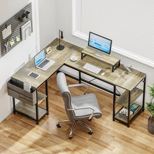 L Shaped Desk with Shelves Reversible Corner Computer Desk or 2 Person Long Table