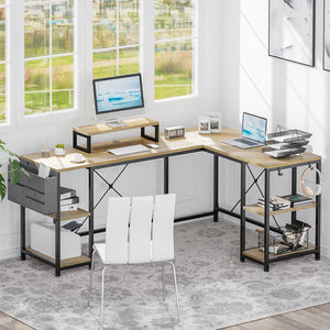 L Shaped Desk with Shelves Reversible Corner Computer Desk or 2 Person Long Table