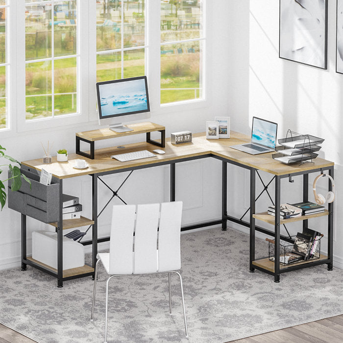 L Shaped Desk with Shelves Reversible Corner Computer Desk or 2 Person Long Table