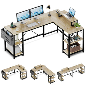 L Shaped Desk with Shelves Reversible Corner Computer Desk or 2 Person Long Table