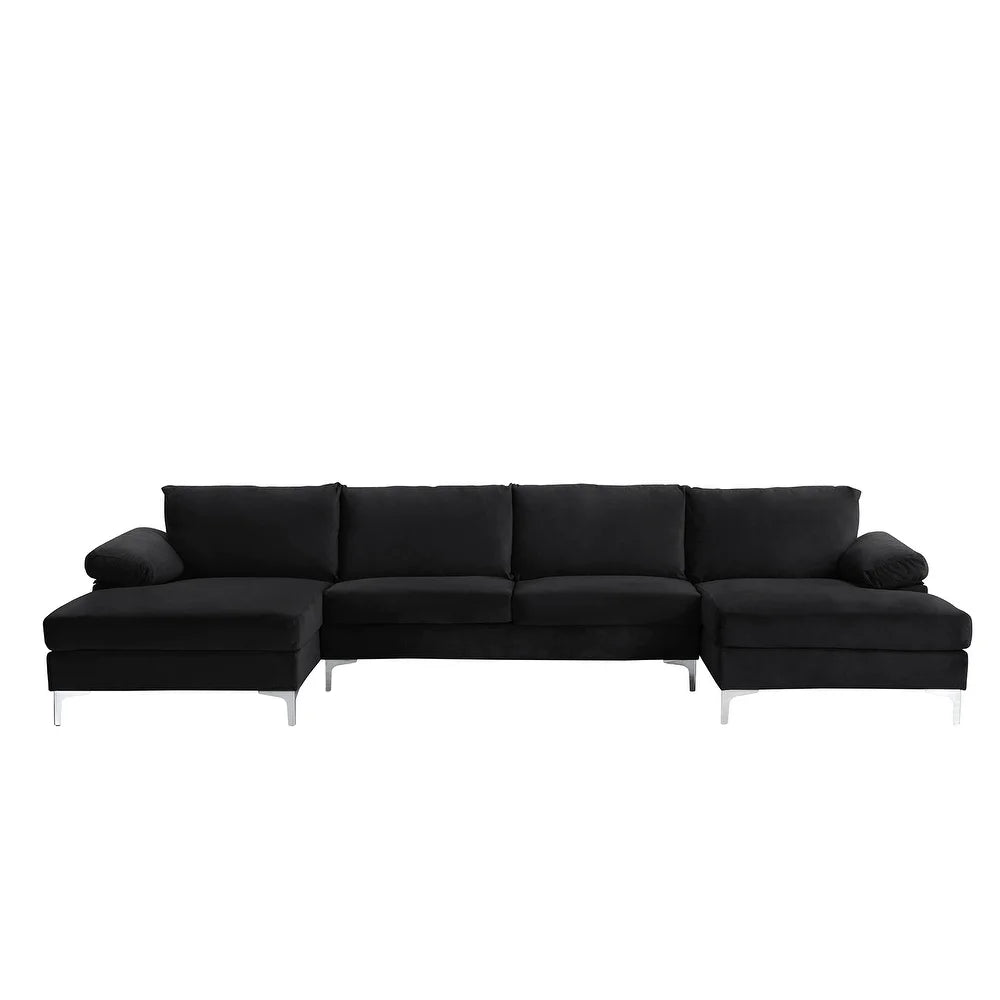 Modern XL Velvet Upholstery U-shaped Sectional Sofa - Black