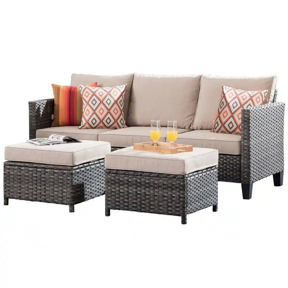 Outdoor High-back Wicker Sectional Ottoman Set - Beige
