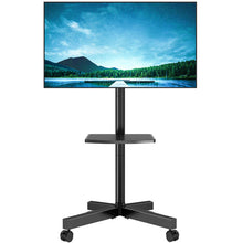 Load image into Gallery viewer, Black Tilt Floor Stand Mount for Screens with Shelving, Holds up to 88 Lb.
