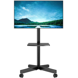 Black Tilt Floor Stand Mount for Screens with Shelving, Holds up to 88 Lb.