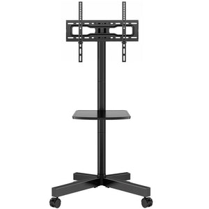 Black Tilt Floor Stand Mount for Screens with Shelving, Holds up to 88 Lb.