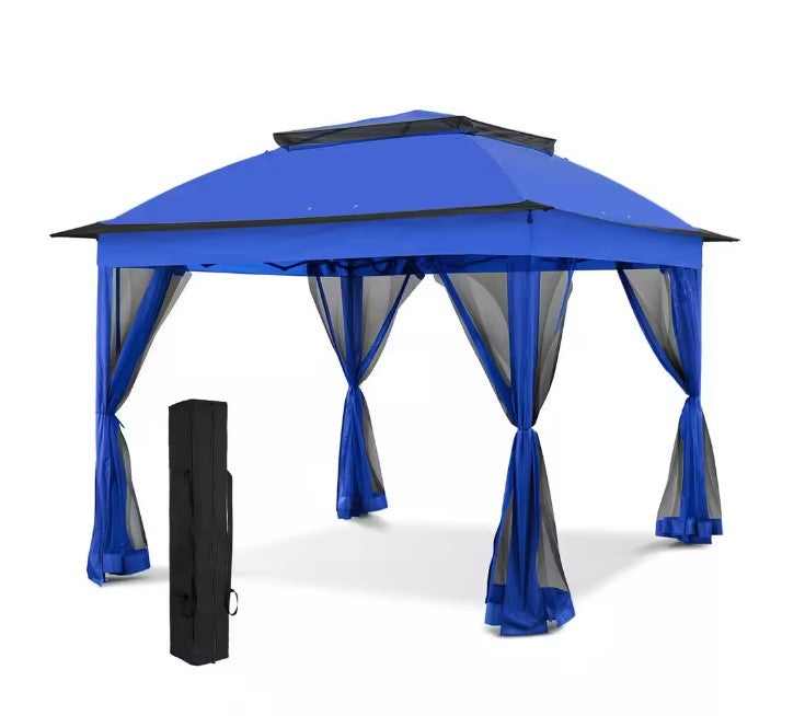 11 ft. x 11 ft. Blue Pop-Up Gazebo Shelter with Screen Wall Panels Instant Outdoor Tent
