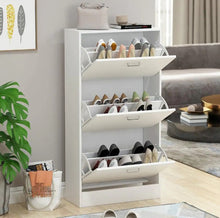 Load image into Gallery viewer, 23.6 in. W x 45.5 in. H White Wood 18-Pair Wood Shoe Storage Cabinet with 6-Foldable Compartments

