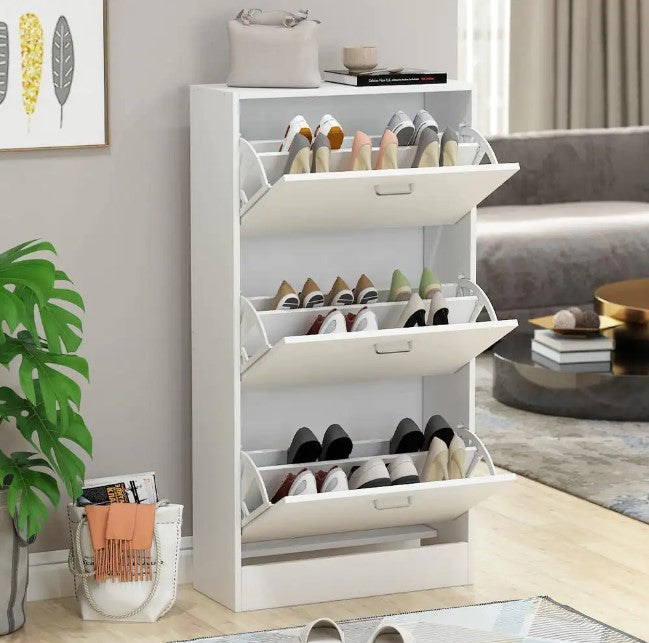 23.6 in. W x 45.5 in. H White Wood 18-Pair Wood Shoe Storage Cabinet with 6-Foldable Compartments