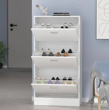 Load image into Gallery viewer, 23.6 in. W x 45.5 in. H White Wood 18-Pair Wood Shoe Storage Cabinet with 6-Foldable Compartments

