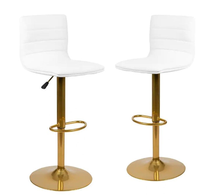 Modern White Vinyl Adjustable Mid back Metal Bar Stool, Counter Height Swivel Stool with Gold Pedestal Base