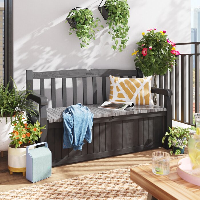 Solana Chic Elegant Wood-Look Storage Bench with Comfy Durable Weather ...