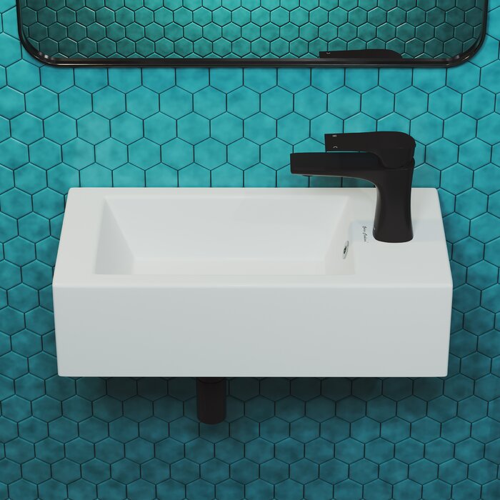 Voltaire Glossy White Ceramic Rectangular Wall Mount Bathroom Sink with Overflow