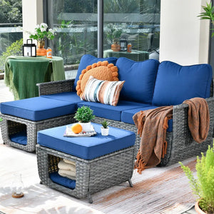 3-piece Patio Pet-Friendly Wicker Multi-function Furniture - Denim Blue