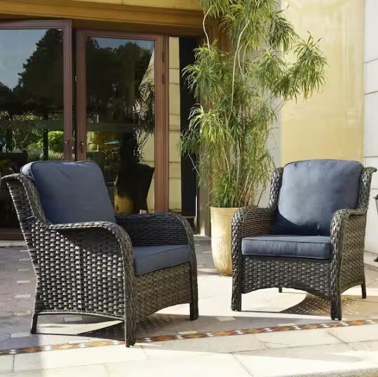 Joyoung Gray 2-Piece Wicker Outdoor Patio Sectional Conversation Seating Set with Denim Blue Cushions