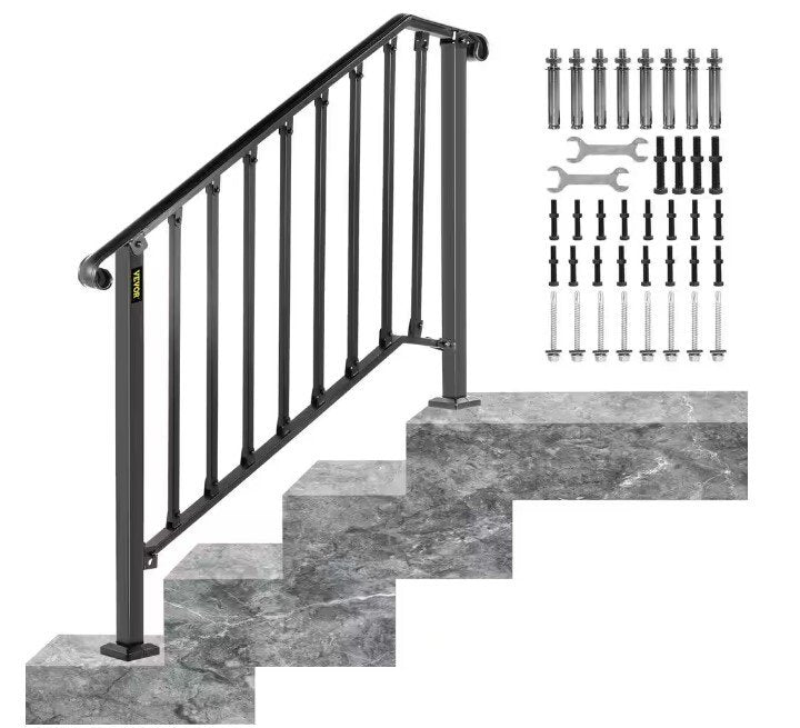 3 ft. Handrails for Outdoor Steps Fit 3 or 4 Steps Outdoor Stair Railing Wrought Iron Handrail with baluster, Black