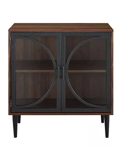 30 inch Metal Door Accent Console with Tempered Glass in Dark Walnut