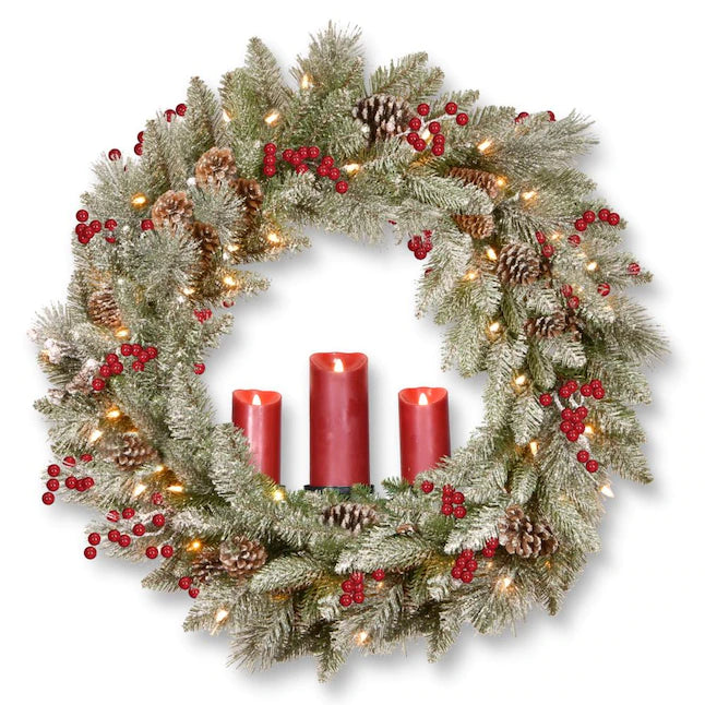 National Tree Company  36-in Pre-lit /Outdoor Battery-operated Frosted Green Berry Artificial Christmas Wreath