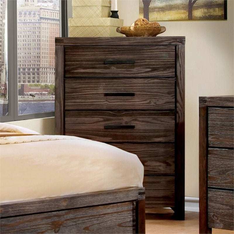 Furniture of America Krentin Rustic Wood 5-Drawer Chest in Wire-Brushed Brown