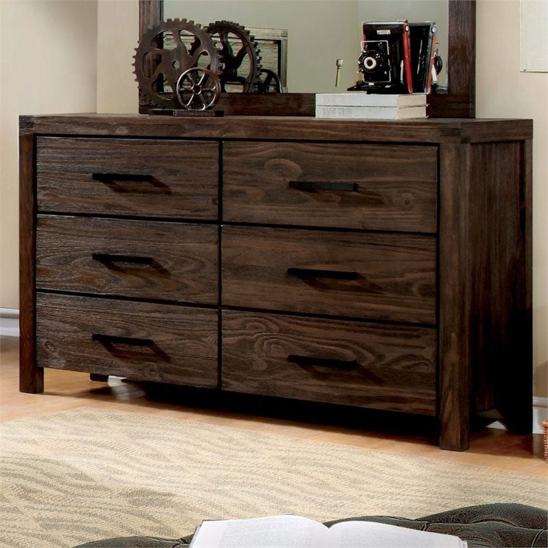 Furniture of America Krentin Rustic Wood 6-Drawer Dresser in Wire-Brushed Brown