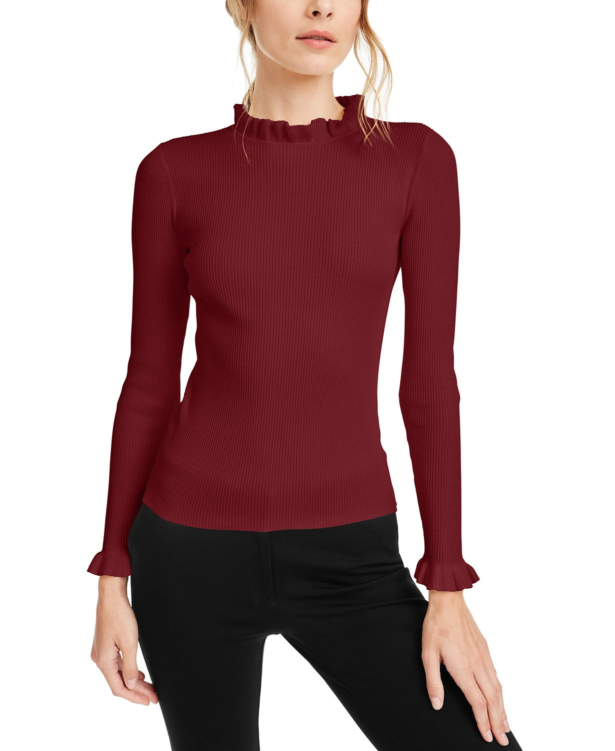 Women's Ruffle-Trim Ribbed Sweater by Anne Klein